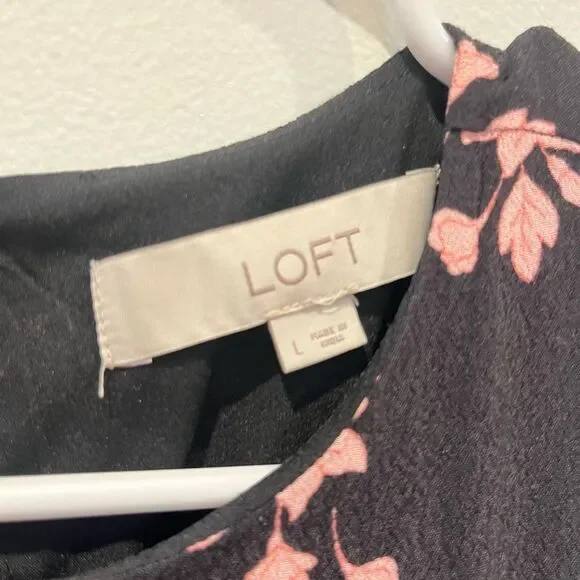 Loft Women's Size Large Knee Length Black and Pink Floral Dress with tie bow - Picture 3 of 8
